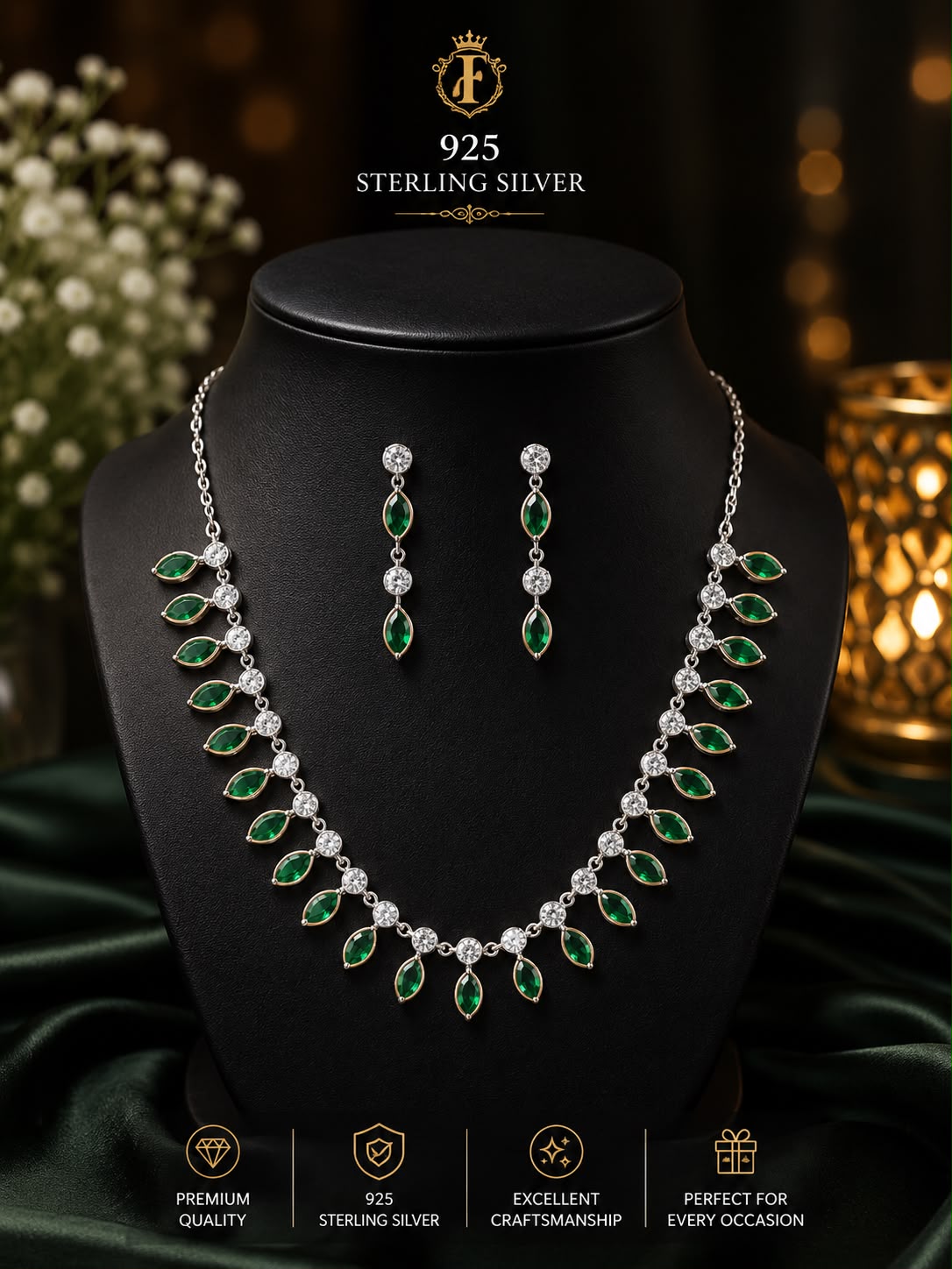 925 Sterling Silver Emerald Leaf Necklace &amp; Earrings Set