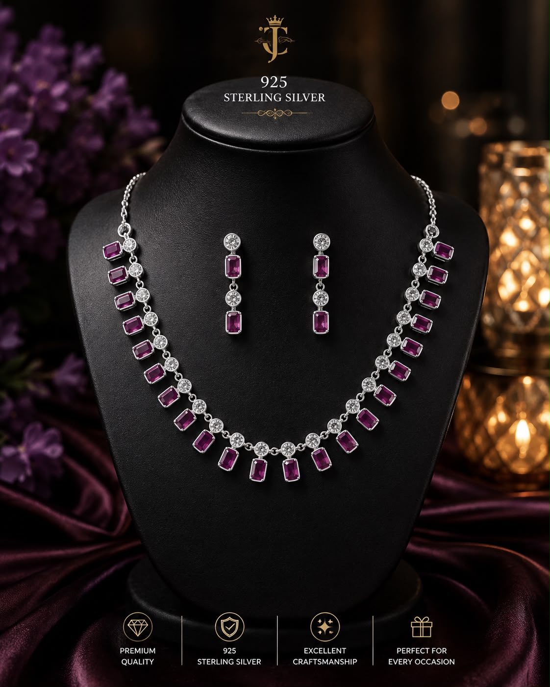 925 Sterling Silver Ruby Necklace &amp; Earrings Set