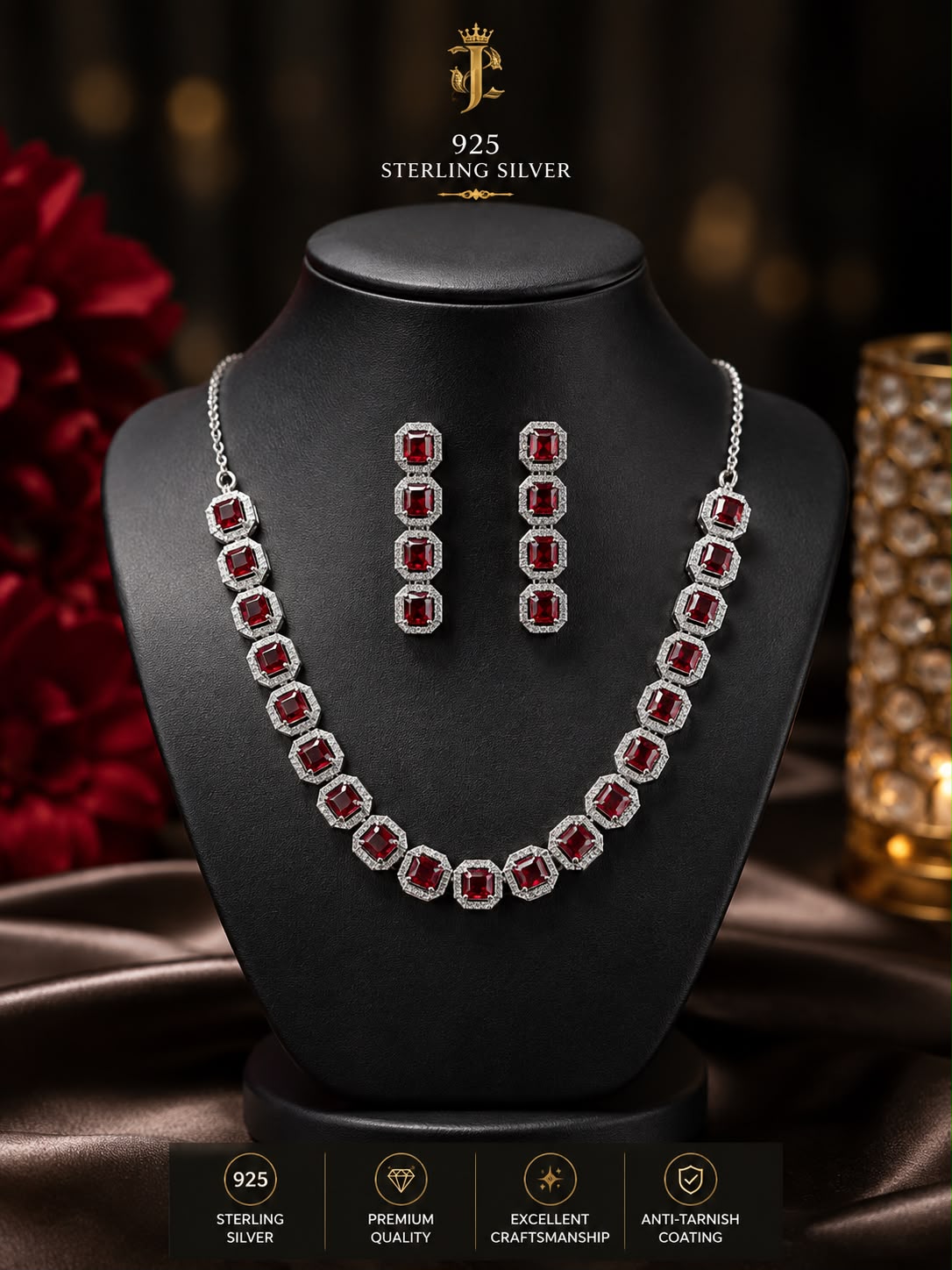 925 Sterling Silver Ruby Necklace &amp; Earrings Set