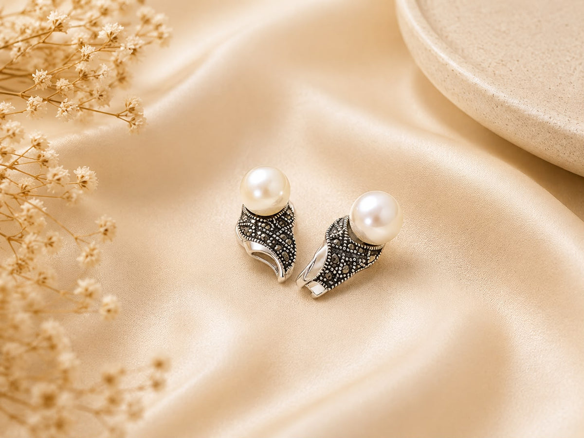 Pearl &amp; Oxidised Silver Earrings