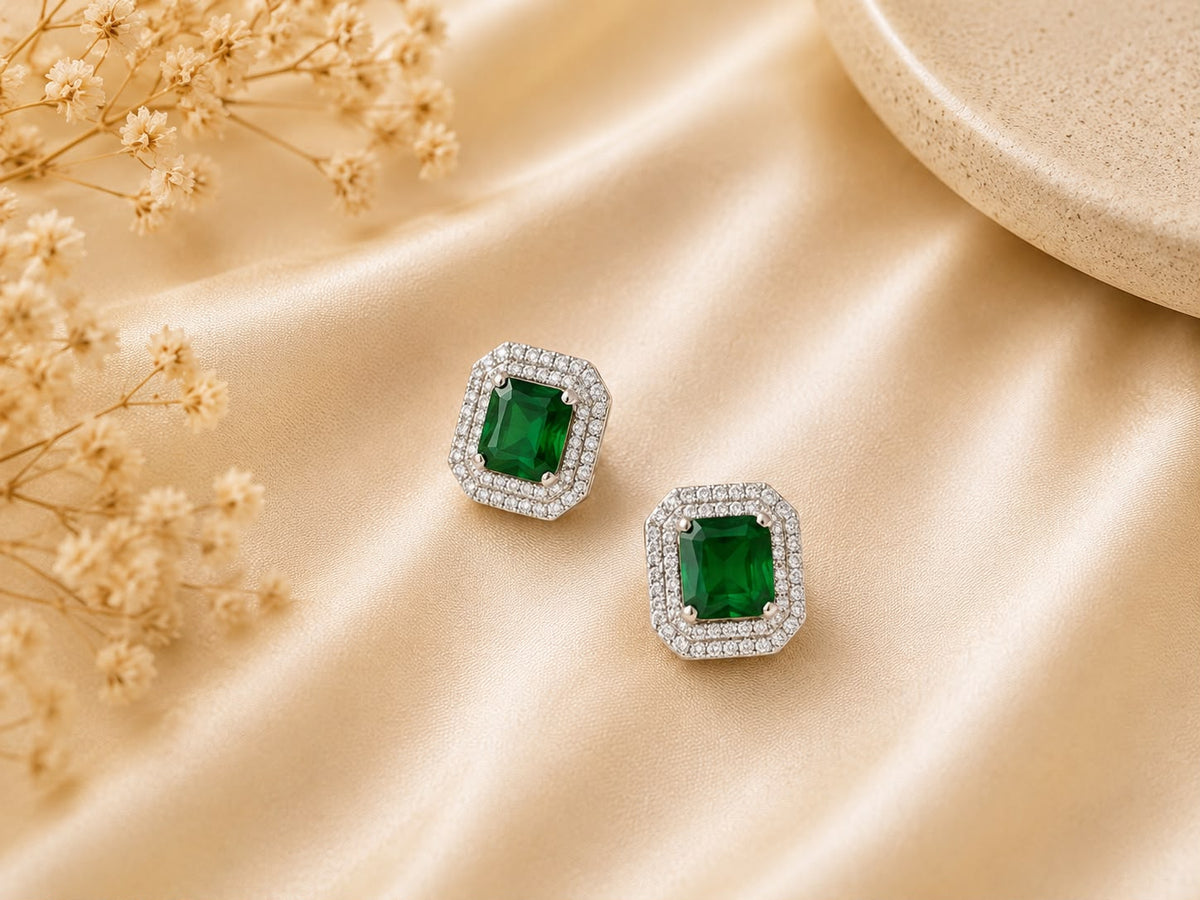 Emerald Green Stone Stud Earrings