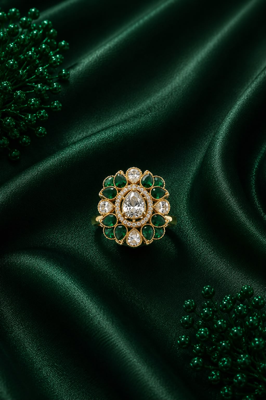 Emerald Gold Floral Statement Ring