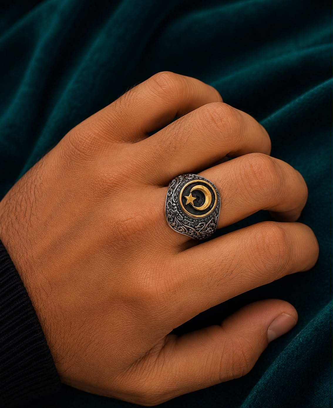 Black &amp; Gold Crescent Moon Statement Ring